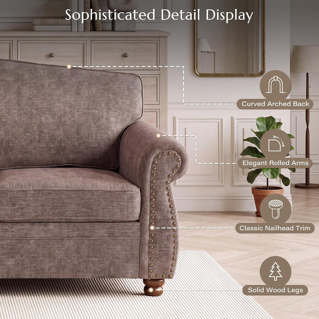 91.3" Brown Traditional Chenille Sofa