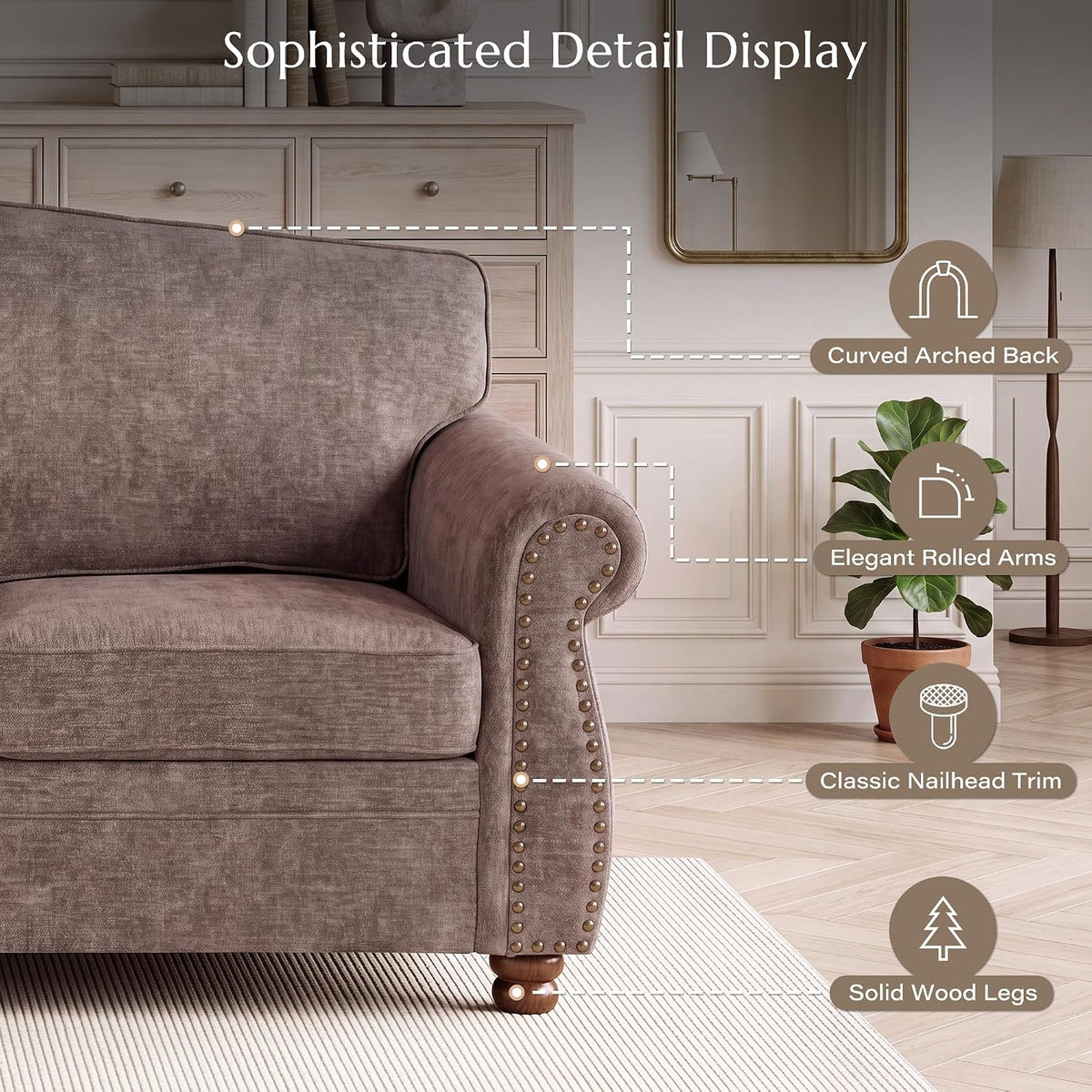 91.3" Brown Traditional Chenille Sofa