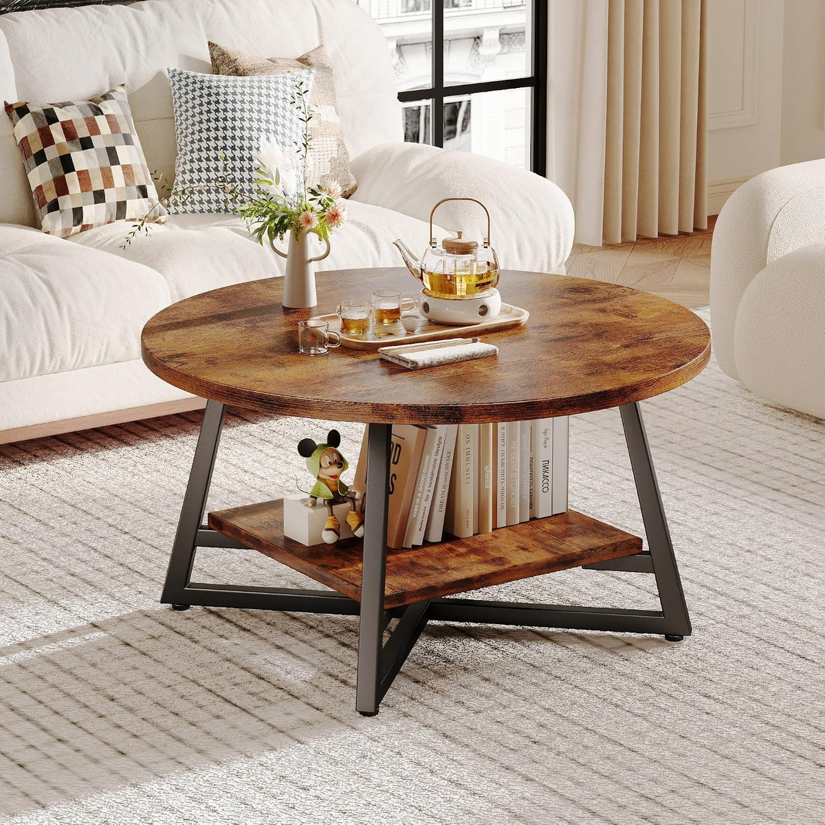 Rustic Brown Small Storage Round Coffee Table