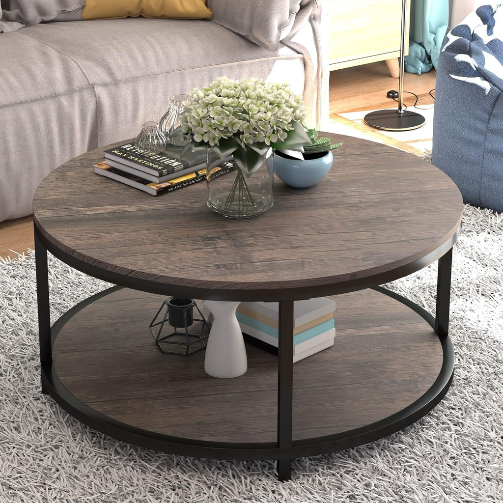 36" Light Walnut 2‑Tier Round Coffee Table