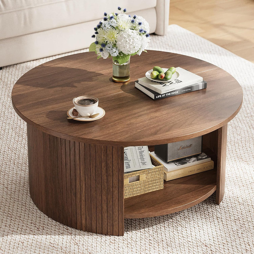 31.5" Walnut 2‑Tier Fluted Round Coffee Table