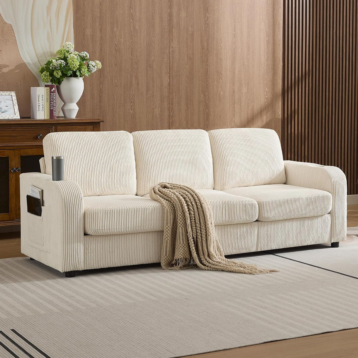 87.4" Beige Corduroy 3‑Seater Sofa Cup Holders