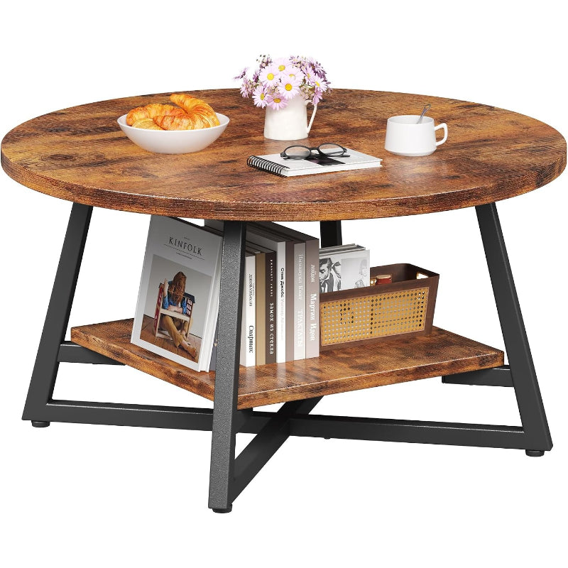 Rustic Brown Small Storage Round Coffee Table